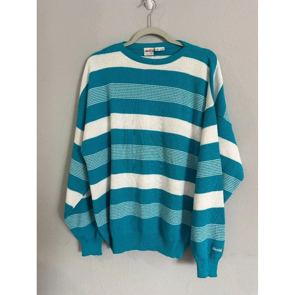 Vintage Ellesse Italy Striped Sweater Men’s L Blue White Cotton Acrylic 90s Knit